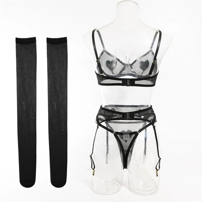 Pink Heart Patchwork Lingerie 4 Piece Mesh See-through Bras And Panties Suits With Stocking Fancy Set The Clothing Company Sydney