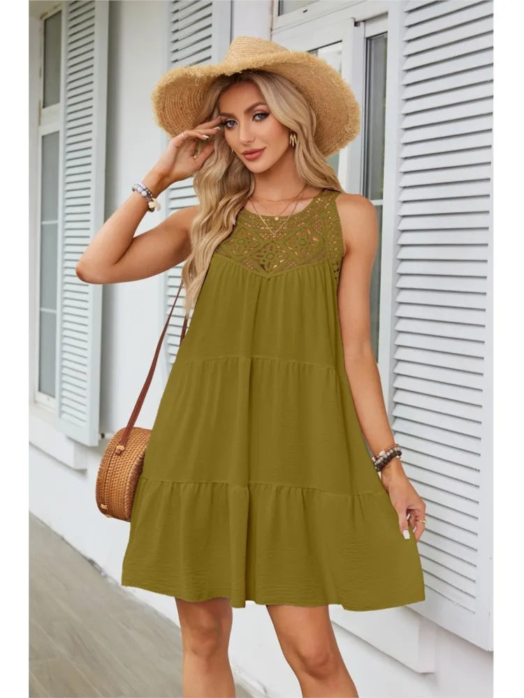 Hollow Lace Patchwork Halter Neck Women A Line Dress Summer Casual Solid Color Loose Beach Holiday Sundress The Clothing Company Sydney