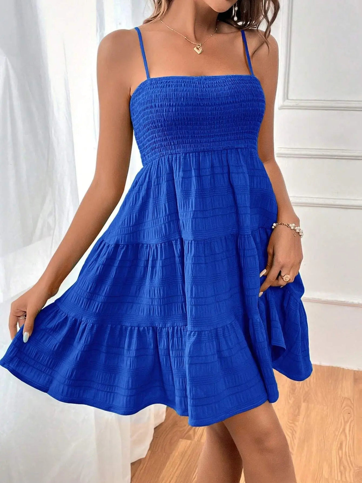 Spaghetti Strap Smocked Bustier Mini Dress Blue Ruffled Tiered Swing Dress Summer Casual Vacation Beach Wear The Clothing Company Sydney