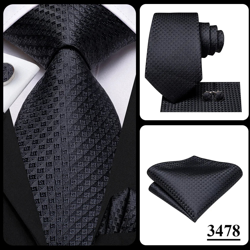 3 Piece Black Floral Silk Wedding Tie For Men Handky Cufflink Elegant Necktie Set For Men