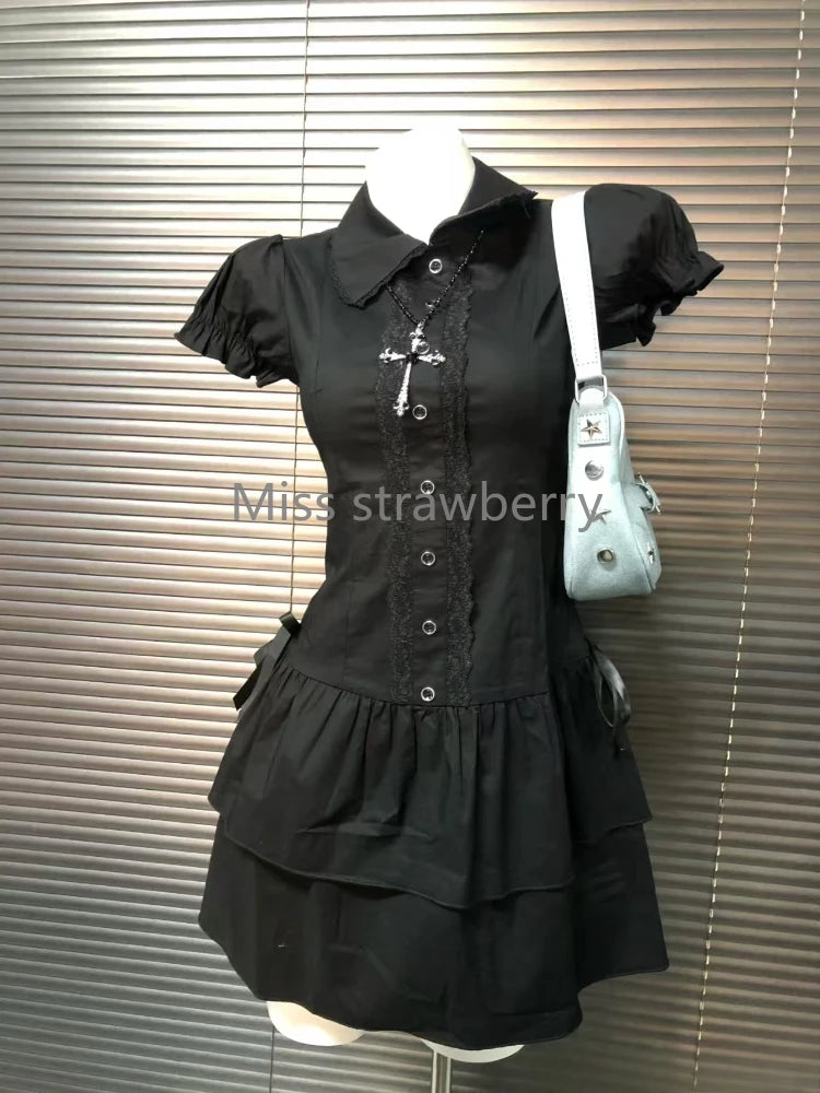 Summer Chic Vintage Black Short Sleeve Halloween High Street Y2k Patchwork Slim Lapel Gothic Dress The Clothing Company Sydney