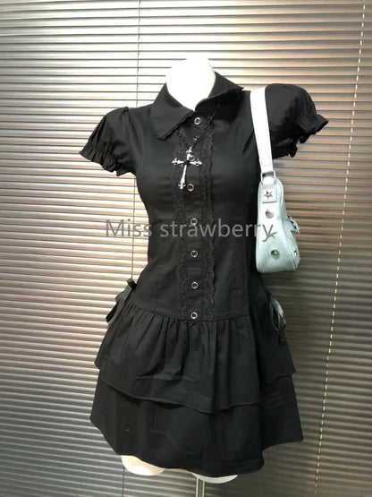 Summer Chic Vintage Black Short Sleeve Halloween High Street Y2k Patchwork Slim Lapel Gothic Dress The Clothing Company Sydney