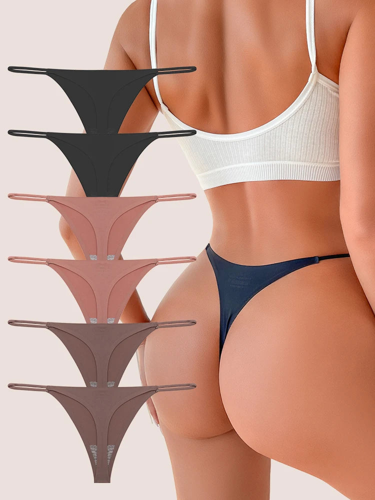 6 pack seamless thong panties with thin straps, low waist, high-stretch T-back briefs in assorted colors