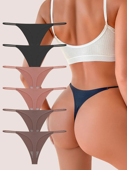 6 pack seamless thong panties with thin straps, low waist, high-stretch T-back briefs in assorted colors