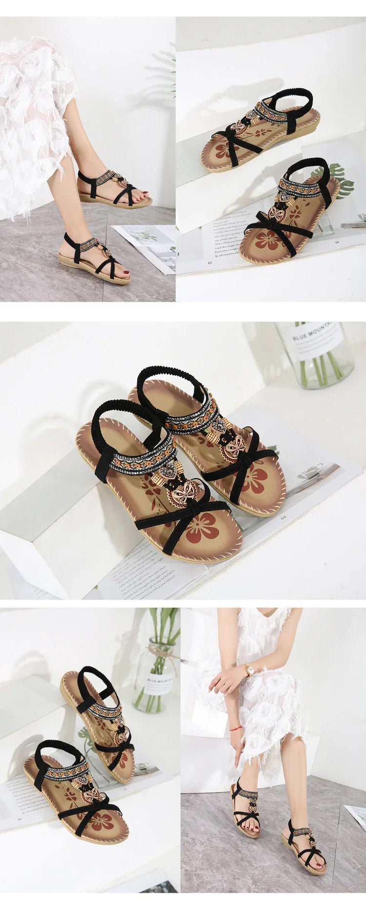 Women Fashion  Flat Flower Rhinestone Open Toe Outdoor Wear Beach Sandals