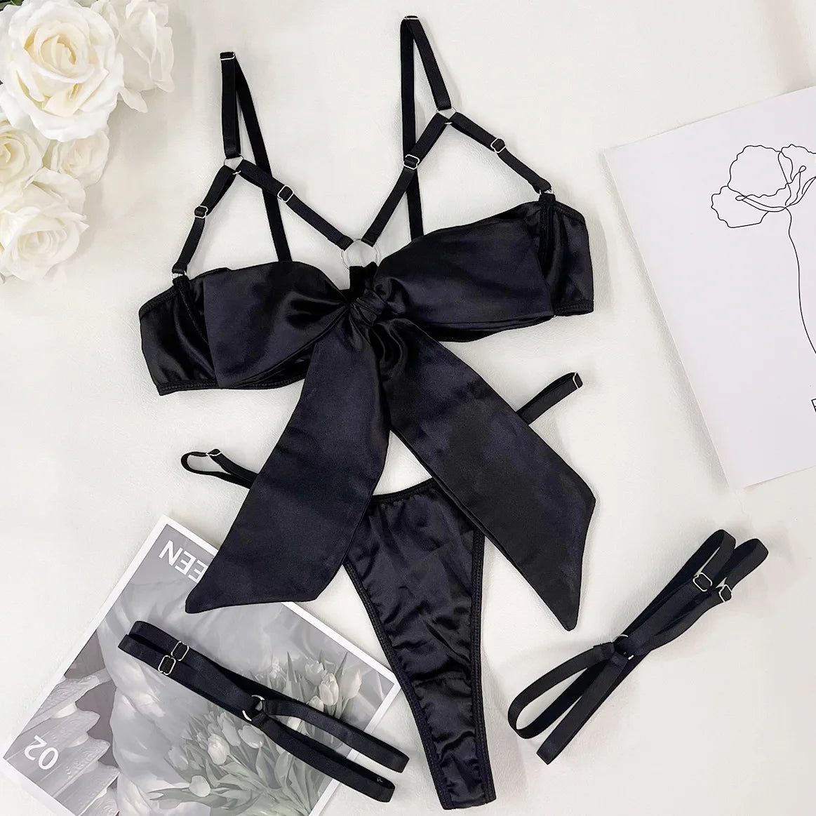 Bowknot Lingerie Open Bra Lace Up Underwear 3-Piece Satin Outfit Set The Clothing Company Sydney