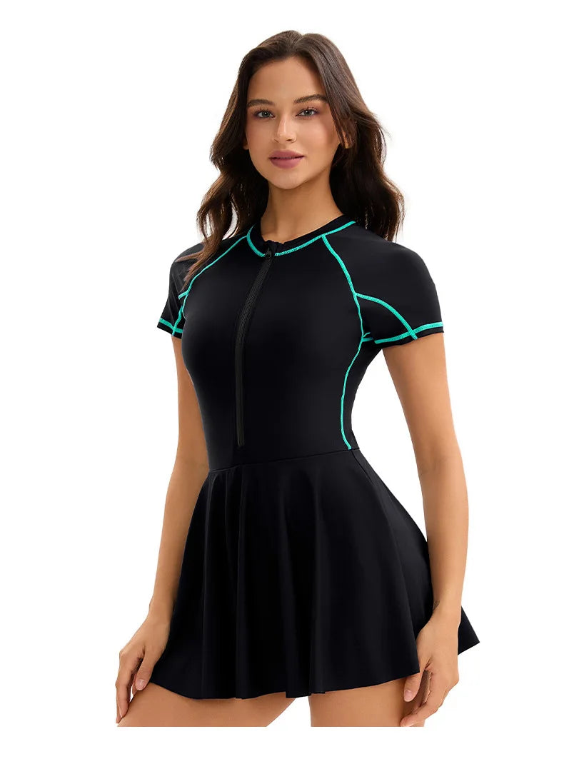Women's one-piece swimdress with high-neck swimsuit top and skirt, sporty swimwear by The Clothing Company Sydney