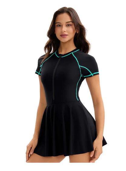 Women's one-piece swimdress with high-neck swimsuit top and skirt, sporty swimwear by The Clothing Company Sydney