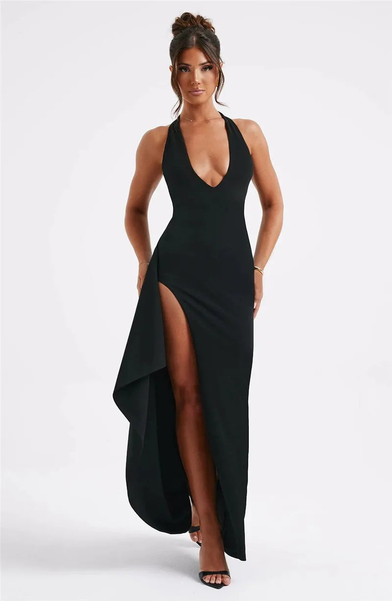 Deep V Neck Thigh High Split Maxi Halter Sleeveless Backless Bodycon Club Party Long Dress The Clothing Company Sydney