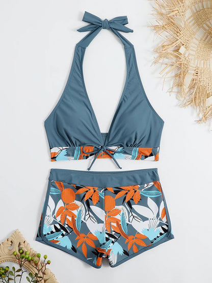 2 Piece Halter Bikini Set Shorts Swimsuit High Waist Swimwear Female Printed Bathers Swimming Bathing Swim Suit Beachwear