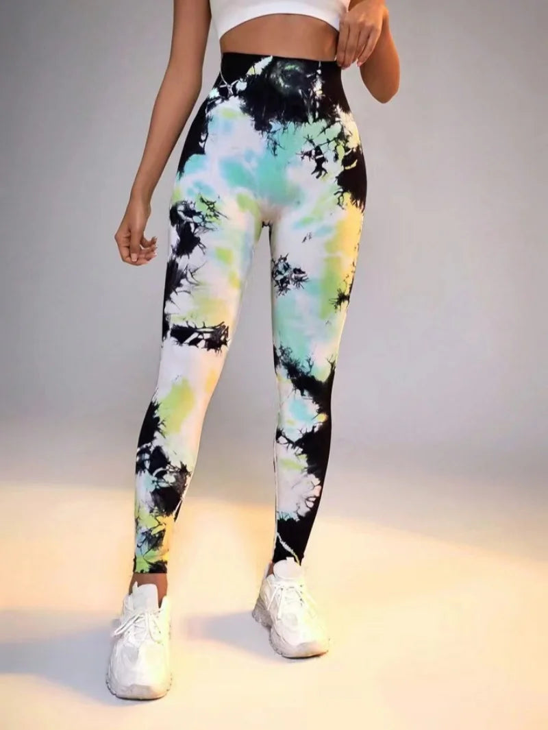 Women's 3D Print Tie Dye Sports Seamless High Waist Fitness Push Up Leggings Gym Clothing Workout Tights Pants