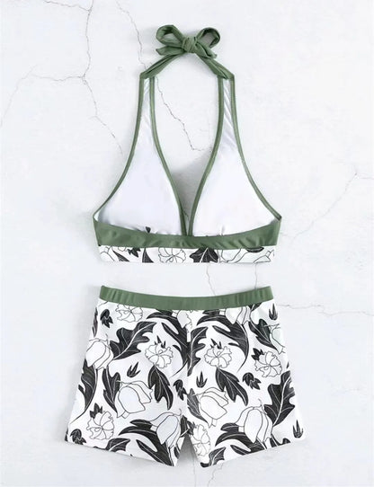 2 Piece Halter Bikini Set Shorts Swimsuit High Waist Swimwear Female Printed Bathers Swimming Bathing Swim Suit Beachwear