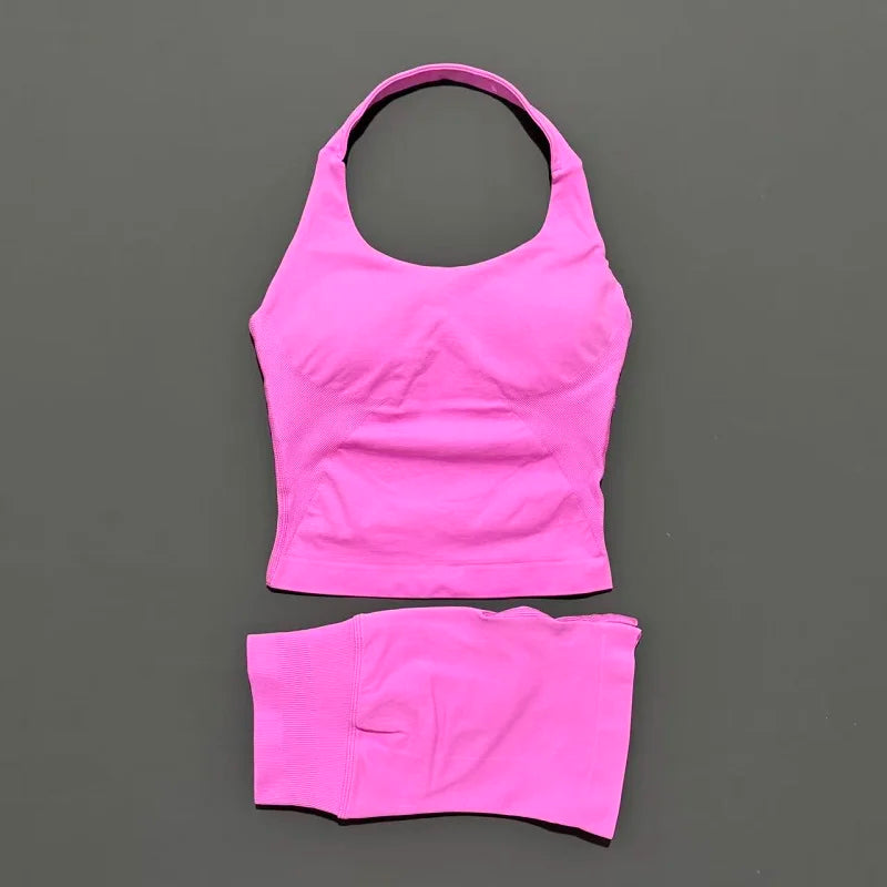 2 Piece Sports Halter Top Strappy Bra Shorts Matching Set Seamless Yoga Gym Running Fitness Shorts Suit
