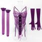 Lace Bodysuit Lace Up Costume Long Gloves Stocking See-Through Tights Lingerie Matching Outfit Set