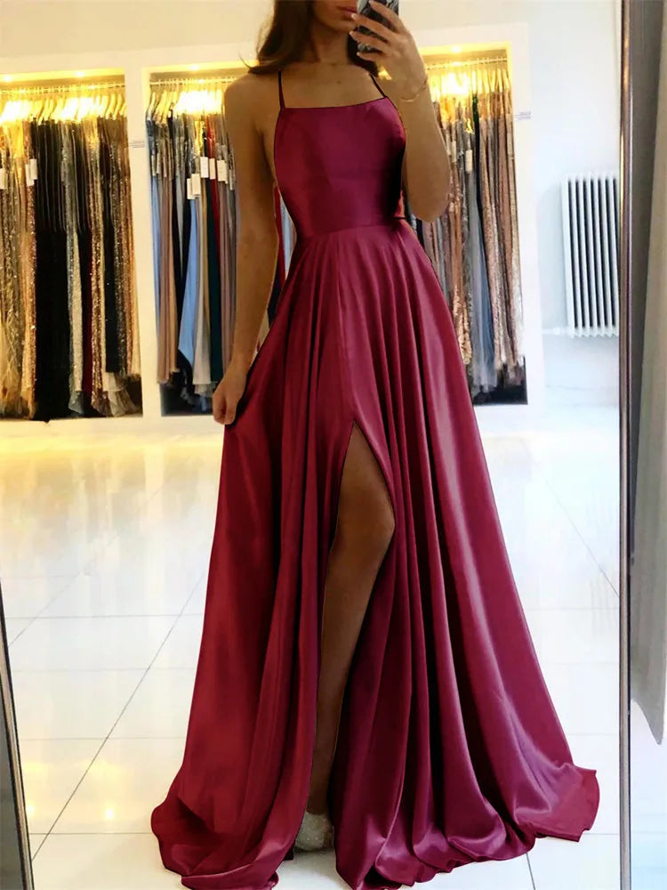 Burgundy Satin Beach Maxi Women Side Slit Adjustable Straps Evening Prom Dress Bridesmaid Dresses The Clothing Company Sydney