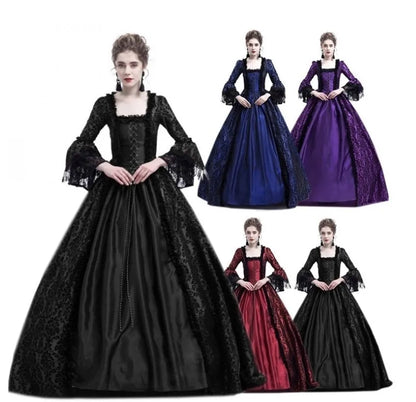 Medieval Victorian Court Lace Patchwork Gothic Halloween Witch Cosplay Party Costume Square Neck Flare Sleeve Maxi Dress