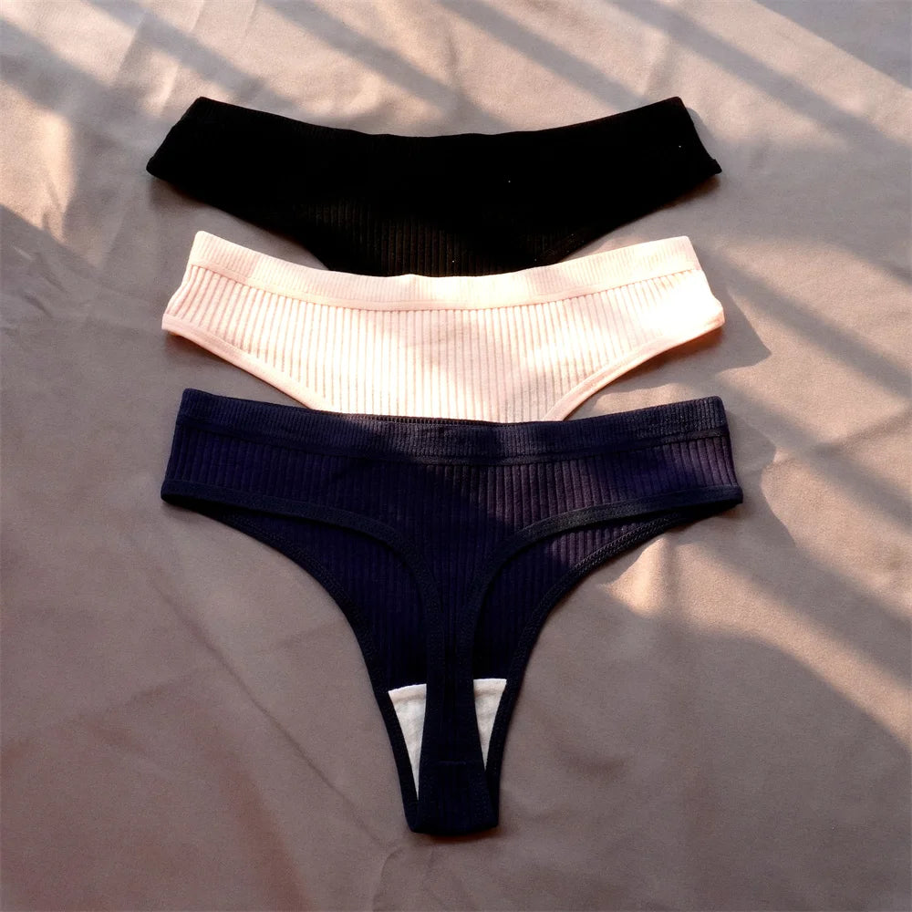 3 Pack Seamless Ribbed Cotton Thong Low Waist Bikini Briefs Sports Underwear Plus Size