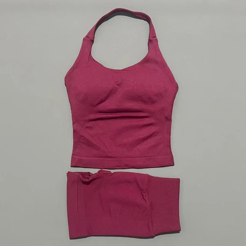 2 Piece Sports Halter Top Strappy Bra Shorts Matching Set Seamless Yoga Gym Running Fitness Shorts Suit