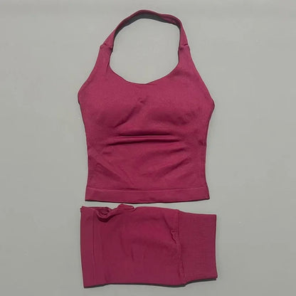 2 Piece Sports Halter Top Strappy Bra Shorts Matching Set Seamless Yoga Gym Running Fitness Shorts Suit