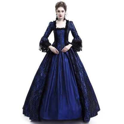 Medieval Victorian Court Lace Patchwork Gothic Halloween Witch Cosplay Party Costume Square Neck Flare Sleeve Maxi Dress