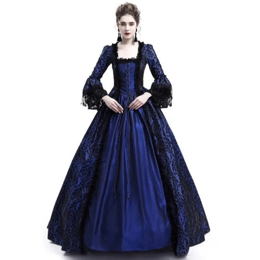Medieval Victorian Court Lace Patchwork Gothic Halloween Witch Cosplay Party Costume Square Neck Flare Sleeve Maxi Dress