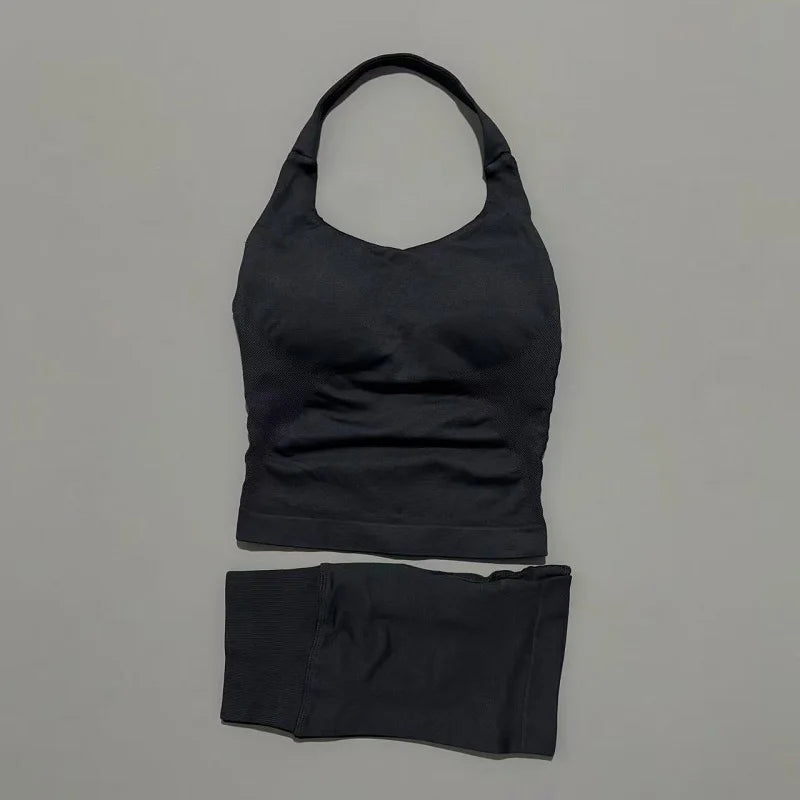 2 Piece Sports Halter Top Strappy Bra Shorts Matching Set Seamless Yoga Gym Running Fitness Shorts Suit
