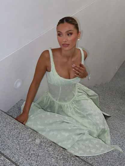 Flower Printed Slim A-line Sling Green Square Neck High Split Long Elegant Chic Evening Dress - The Clothing Company Sydney