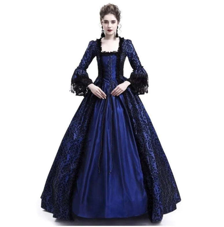 Medieval Victorian Court Lace Patchwork Gothic Halloween Witch Cosplay Party Costume Square Neck Flare Sleeve Maxi Dress