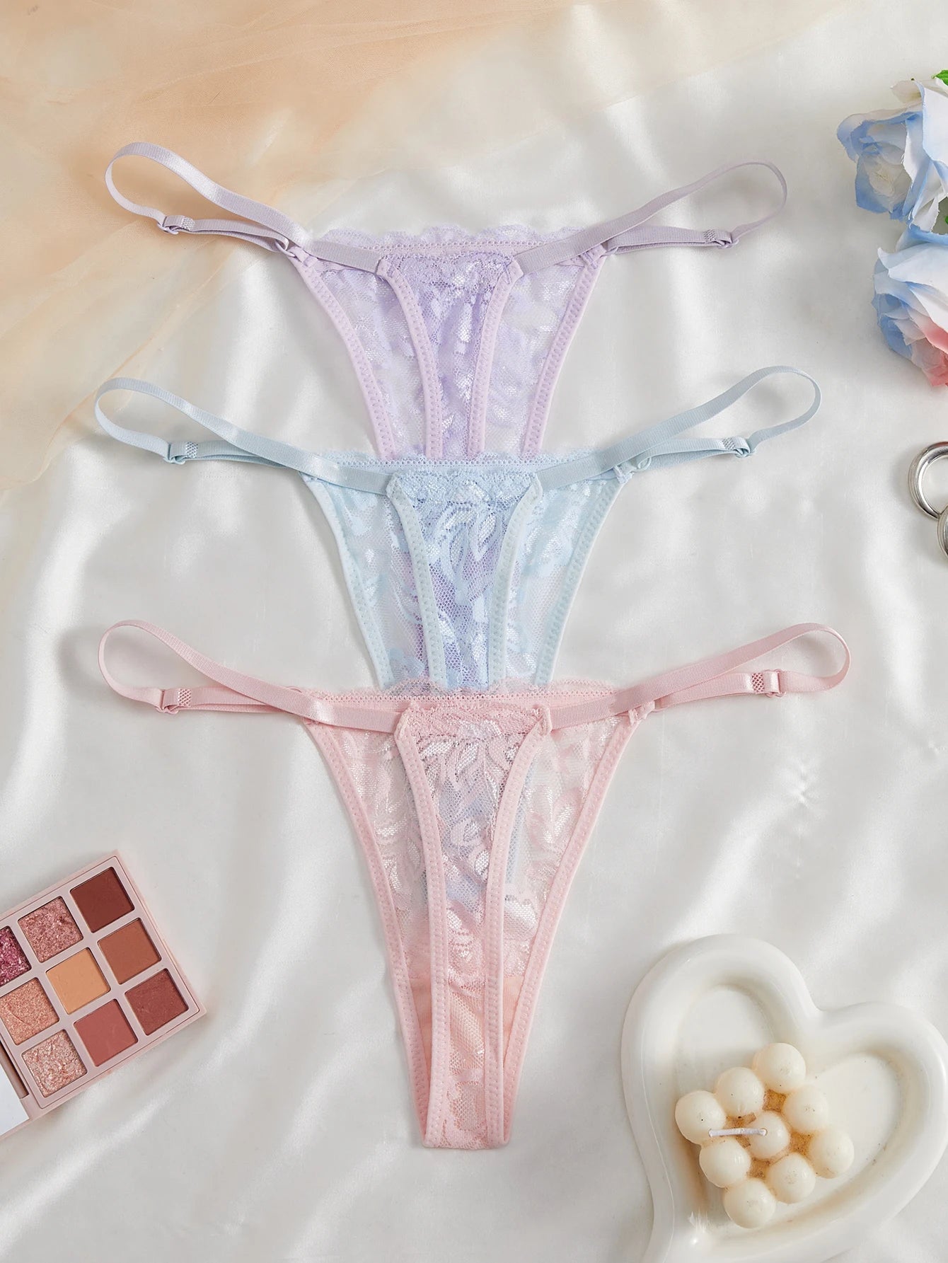 3 Pack Women's Lace Panties Underwear Adjustable Strap Floral Lace Sheer Mesh Thong G String The Clothing Company Sydney