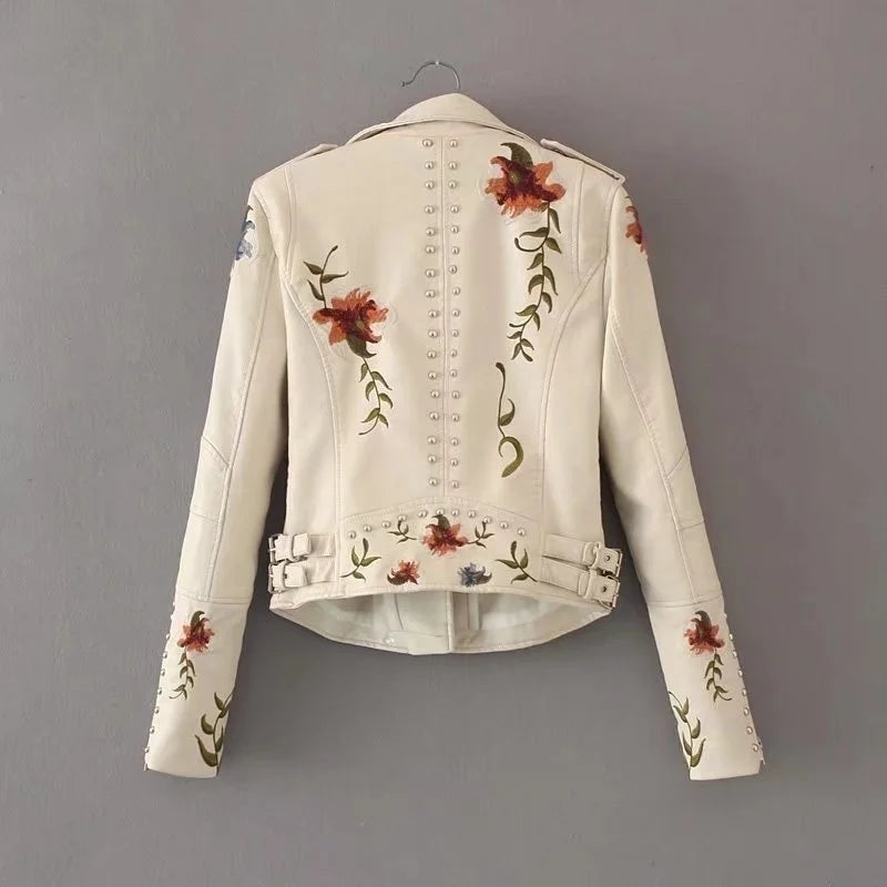 PU Leather Embroidered Rivet Coat Biker Streetwear Zipper Overcoat Women's Jackets Spring Clothes