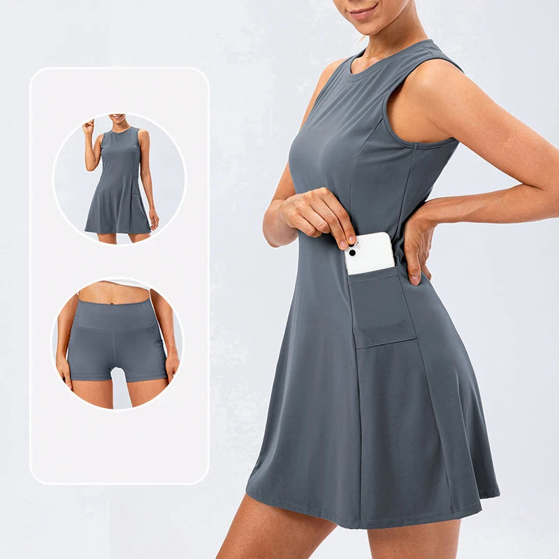 Tennis Dress With Separate Shorts Sleeveless Golf Sport Skirts Set with Pockets Training Running Fitness Badminton Dress The Clothing Company Sydney