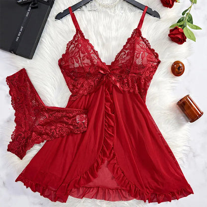 Women's plus-size lace lingerie set with bra, nightgown, thong and suspender details by The Clothing Company Sydney
