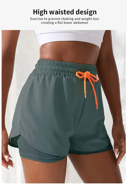 Women's High Rise Yoga Shorts With Elastic Running Shorts Two Pieces Pants With Inside Layer