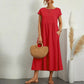 Women's Elegant Dress Summer Short Sleeve O-Neck Vintage Cotton Linen Comfortable Loose Pocket Long Dress