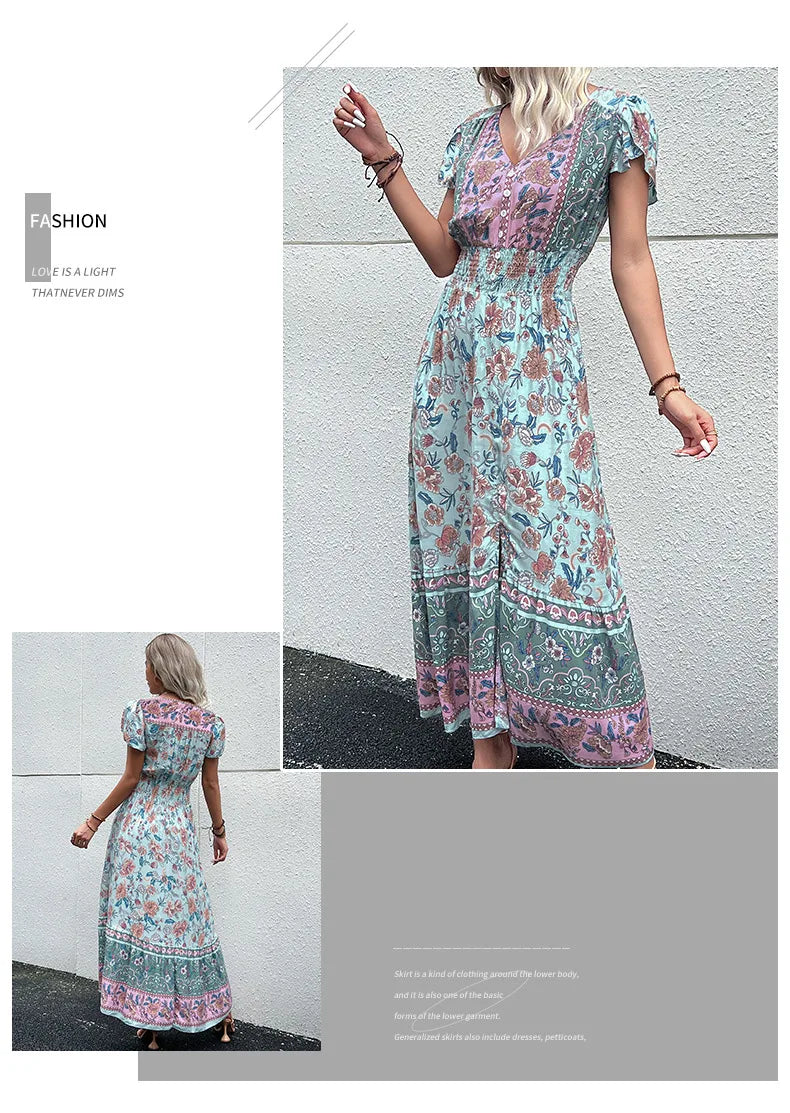 Short Sleeves V Neck Vintage Floral Boho Printed Slit Midi Dresses A Line Bohemian Summer Beach Dress