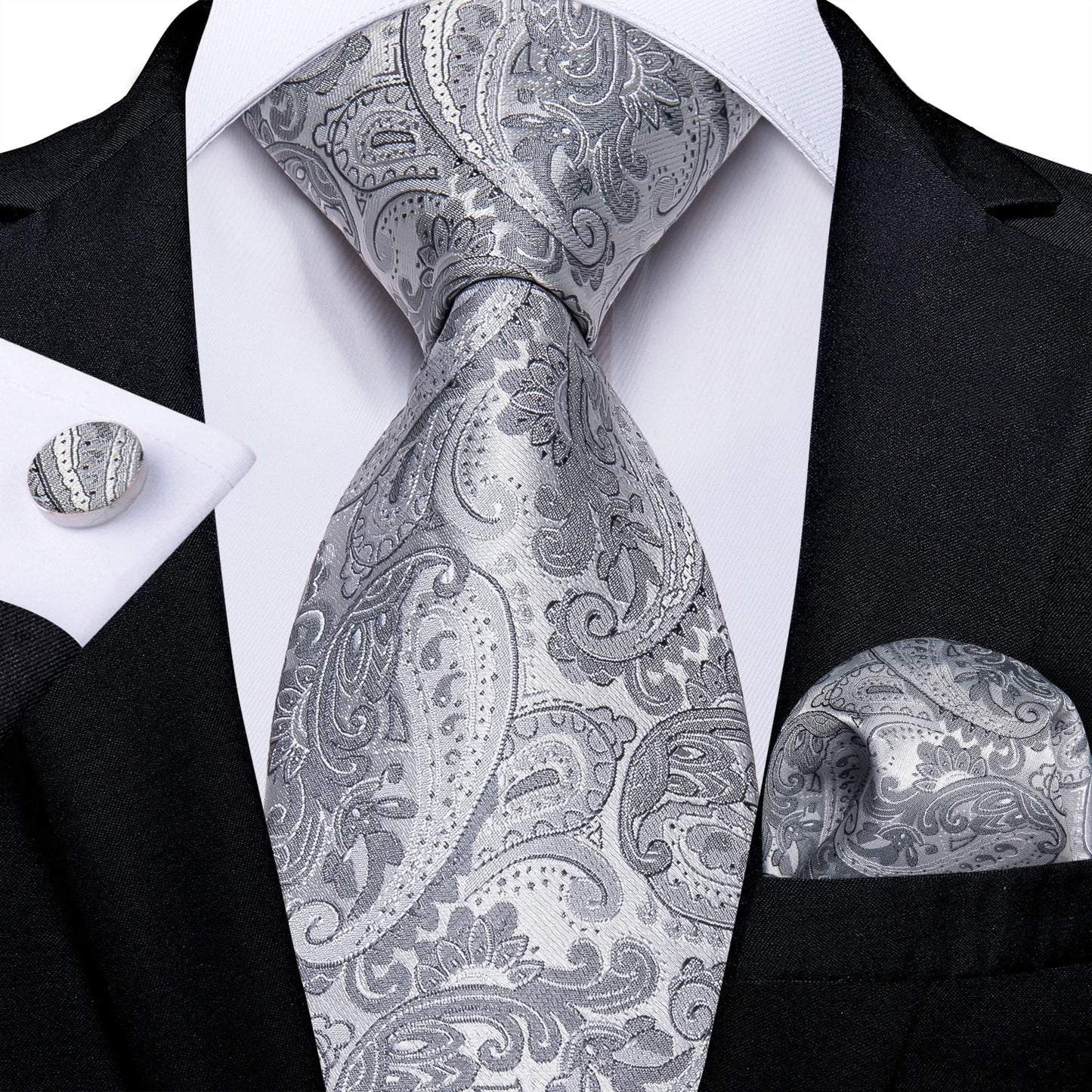 Gray Paisley Silk Tie Set – Men’s Wedding Tie, Pocket Square & Cufflinks The Clothing Company Sydney