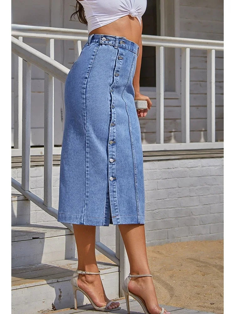 Women's Button A-line Side Split High Waist Denim Skirt Office Lady Black Blue Midi Jean Skirts Autumn Winter Long Skirt The Clothing Company Sydney