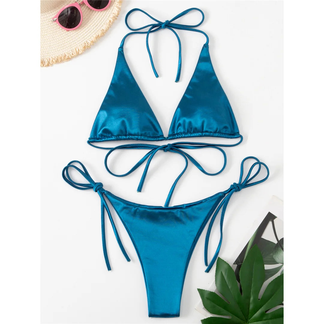 2 Piece Halter Satin Brazilian Bikini Swimwear Swimsuit Two piece Bikini set Bather Bathing Suit