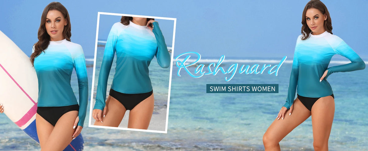 Women’s long sleeve printed rashguard swimsuit with thumb holes, crew neck, skin-friendly UPF 50+ for surfing by The Clothing Company Sydney