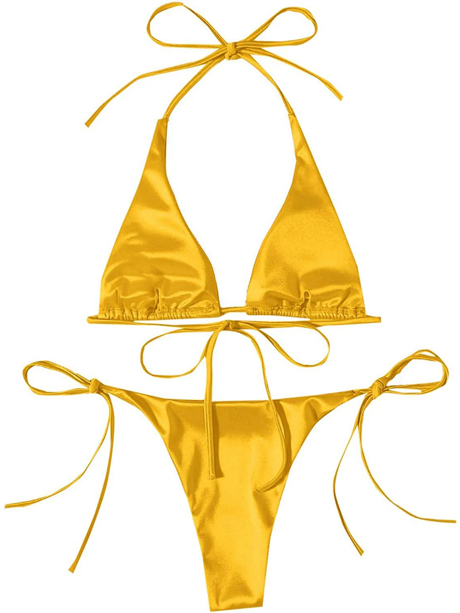 Metallic Halter Triangle Swimsuit Women Swimwear Bathing Suits Brazilian Thong Micro Bikinis Set Beach Wear