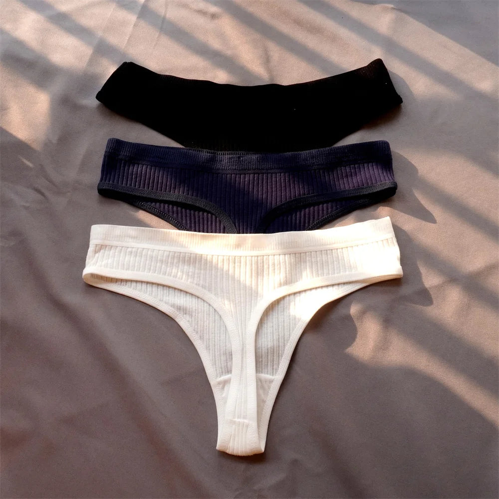 3 Pack Seamless Ribbed Cotton Thong Low Waist Bikini Briefs Sports Underwear Plus Size