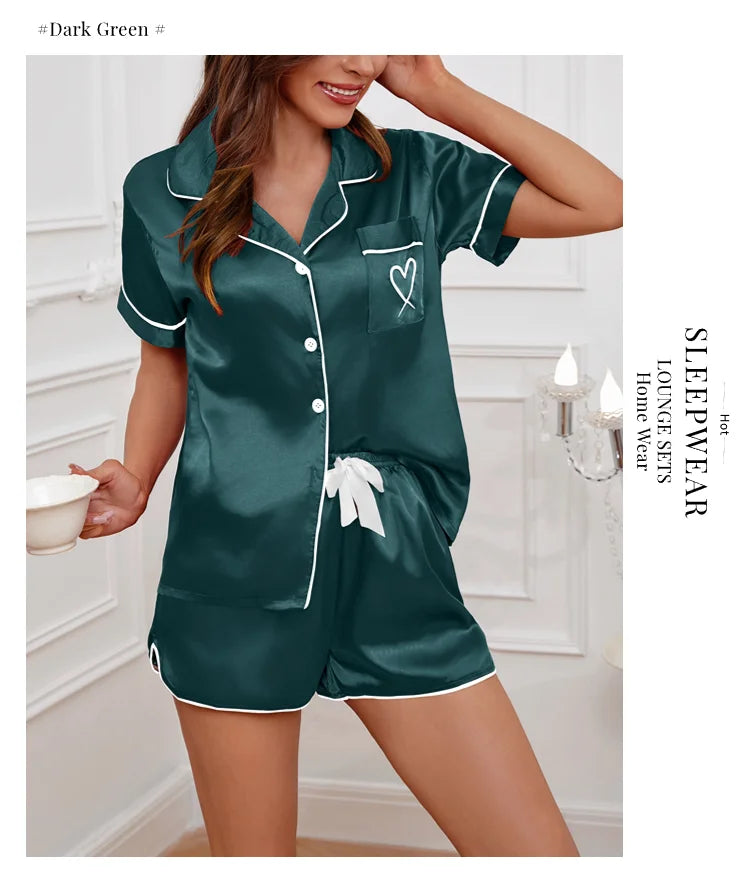 Women's Silk Satin Pyjama Set Button Down Short Sleeve Tops With Shorts 2 Pieces Sleepwear Suit Nightwear Loungewear The Clothing Company Sydney