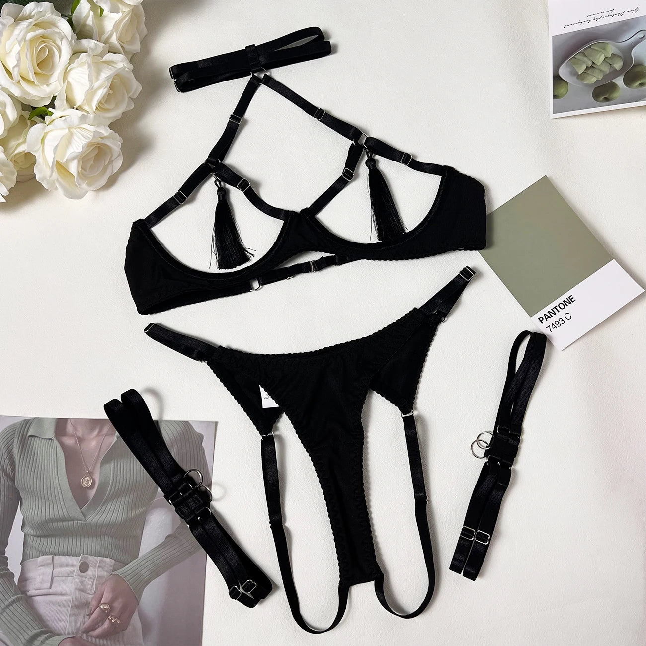 4 Piece Tassel Lingerie Bra Intimate Panties Outfit Sets