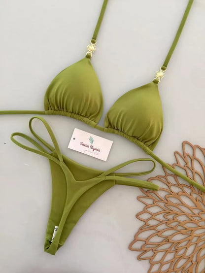 Two-piece lace-up Brazilian swimsuit with print, backless design, thong style, micro bikini set, by The Clothing Company Sydney.