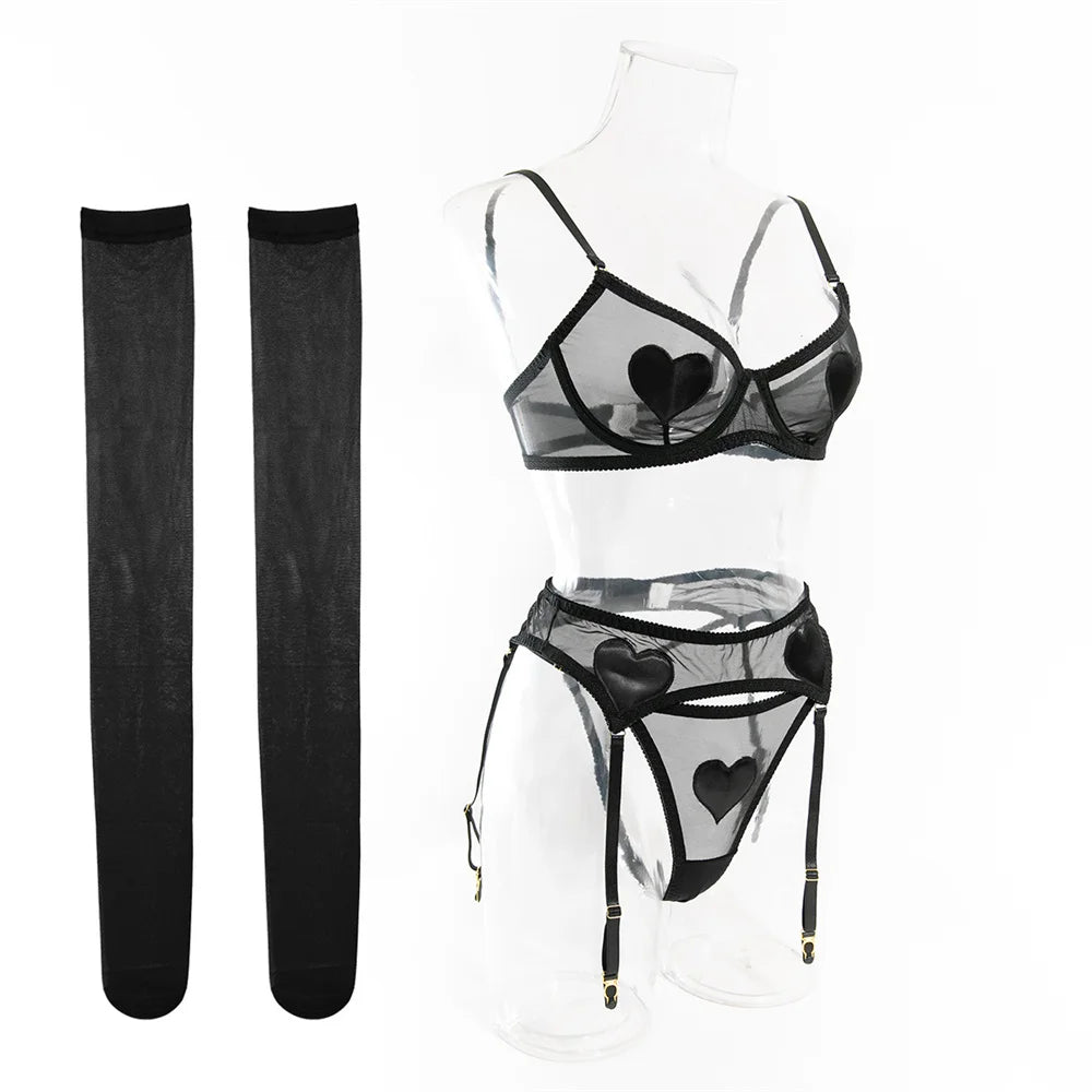 Pink Heart Patchwork Lingerie 4 Piece Mesh See-through Bras And Panties Suits With Stocking Fancy Set The Clothing Company Sydney