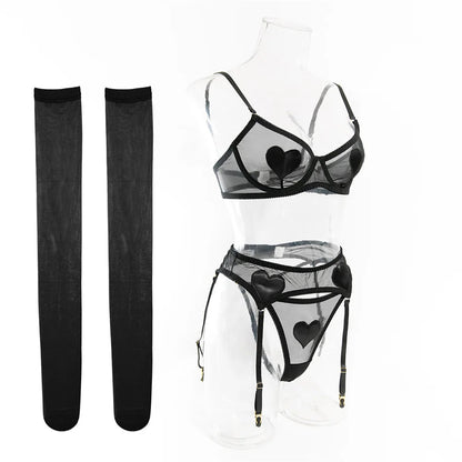 Pink Heart Patchwork Lingerie 4 Piece Mesh See-through Bras And Panties Suits With Stocking Fancy Set The Clothing Company Sydney