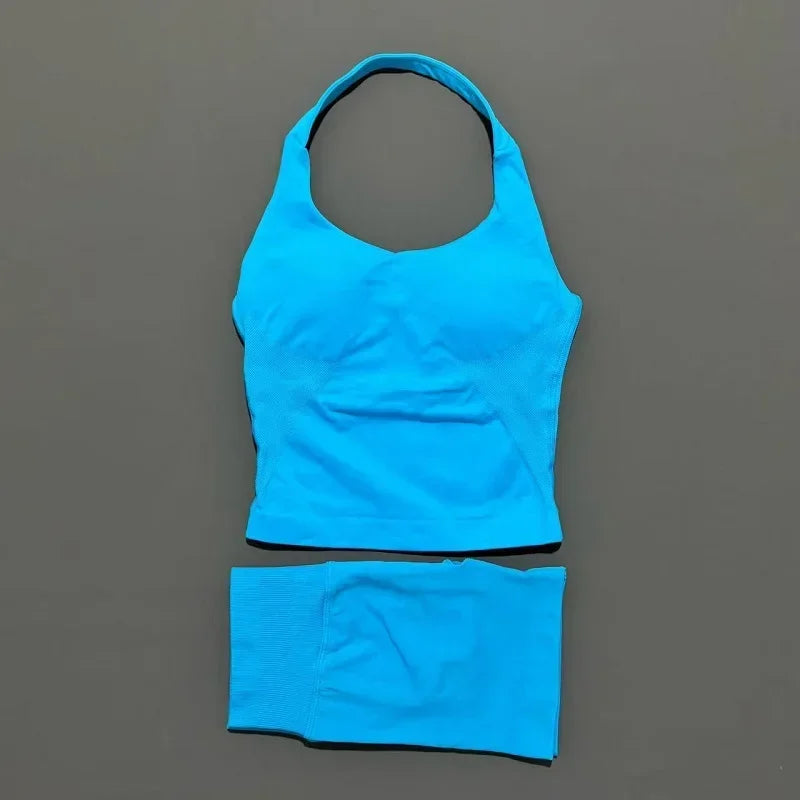 2 Piece Sports Halter Top Strappy Bra Shorts Matching Set Seamless Yoga Gym Running Fitness Shorts Suit