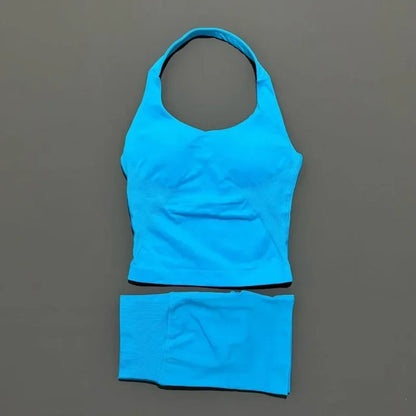 2 Piece Sports Halter Top Strappy Bra Shorts Matching Set Seamless Yoga Gym Running Fitness Shorts Suit