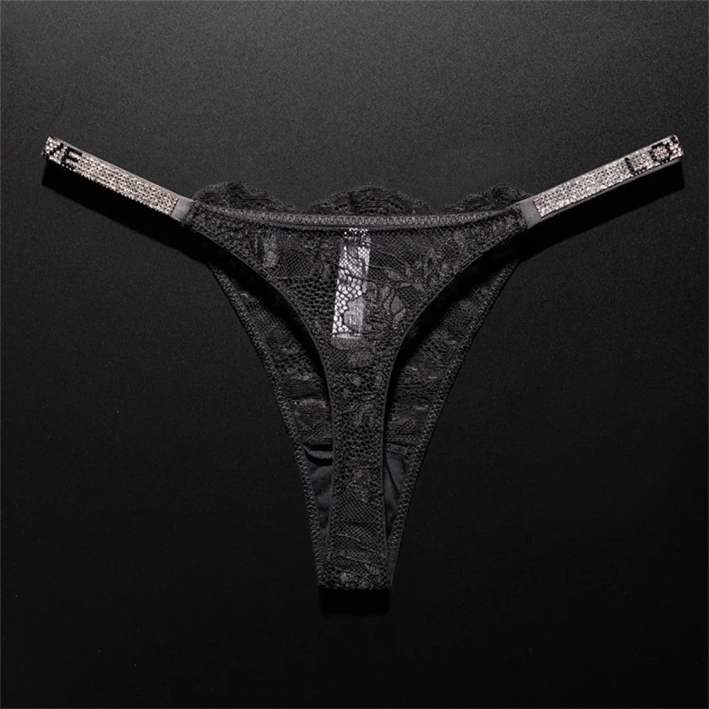 Crystal Embellished Perspective Lace Thong Breathable Underwear Women Transparent T-back Plus Size G String