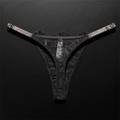 Crystal Embellished Perspective Lace Thong Breathable Underwear Women Transparent T-back Plus Size G String